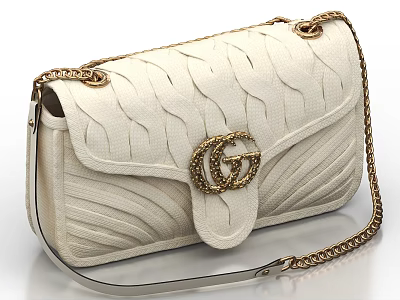 White Woven Texture Handbag With Gold Chain Strap And Double G Logo 3d model