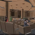 Modern Conference Room Interior With Brown Seats Wooden Ceiling And People Inside