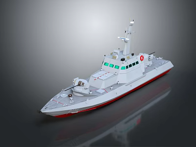 White Rescue Water Transport Vessel With Red Bottom Antenna Green Windows And Red Cross Markings 3d model