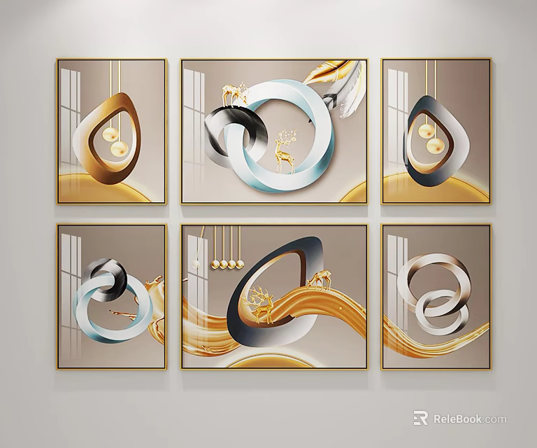 Modern Abstract Six Panel Wall Art Decor With Gold Silver Curved Lines 3d model