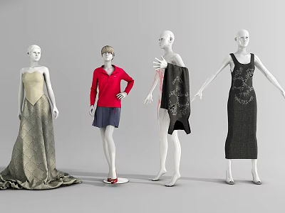 Fashion Mannequins Wearing Red Top Blue Skirt And Black Dress Outfits 3d model
