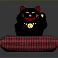 Adorable Blue Lucky Cat Decorative Figurine and Red Plaid Cushion Ornament Set