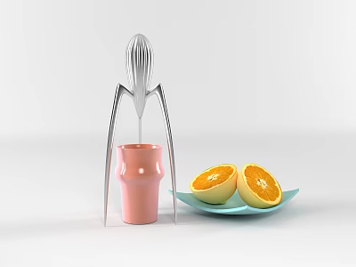 Stainless Steel Citrus Juicer With Pink Cup And Orange Halves On Plate 3d model