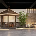 Oriental Themed Interior Space With Wooden Lattice Mountain Lighting And Rockery