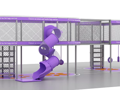 Indoor Kids Play Center With Purple Slide Fenced Play Area Climbing Structures And Swing Elements 3d model