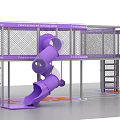Indoor Kids Play Center With Purple Slide Fenced Play Area Climbing Structures And Swing Elements