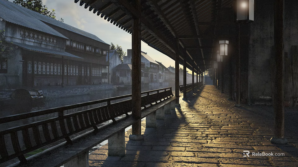 Ancient Style Long Corridor With Stone Paved Path And Hanging Lanterns 3d model 