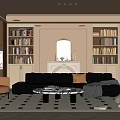 Modern Living Room Interior With Black Sofa Brown Armchair Round Coffee Table And Checkered Rug