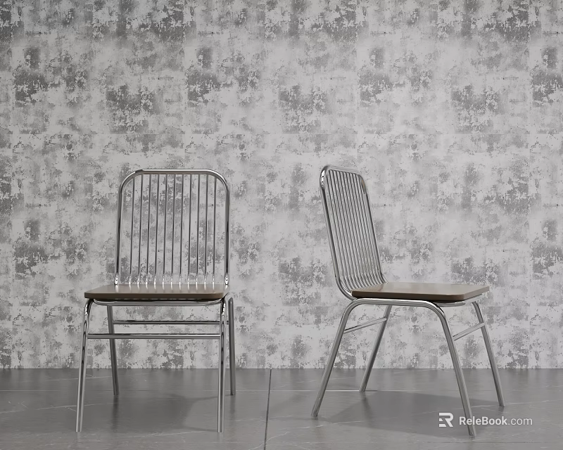 Stylish Leisure Chairs With Metal Frames And Wooden Seats Against Patterned Wallpaper 3d model 