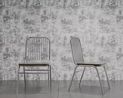 Stylish Leisure Chairs With Metal Frames And Wooden Seats Against Patterned Wallpaper 3d model