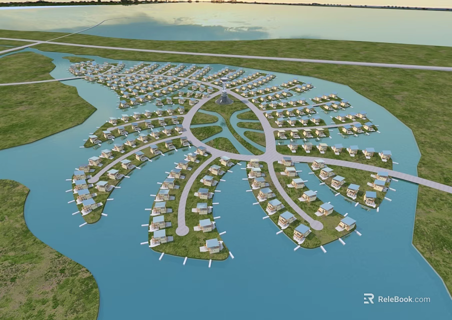 Scenic Waterfront Detached Villas Community With Radial Layout And Green Surroundings 3d model 