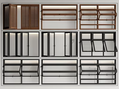 Various Modern Window And Shutter Designs With Wooden Frames Black Structures And Shelf Styles 3d model