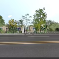 Urban Road Facilities With Trees Bushes Yellow Double Lines Buildings And Vehicles Along Street