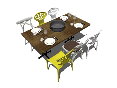 Wooden Dining Table Set With Yellow And White Chairs Plates Wine Glasses And Pan 3d model
