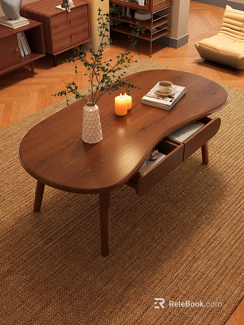 Wooden Sofa Coffee Table Set With Drawer Decorative Vase Candles Books Coffee Cup On Rug 3d model 
