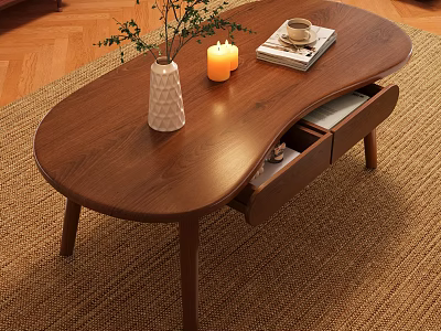 Wooden Sofa Coffee Table Set With Drawer Decorative Vase Candles Books Coffee Cup On Rug 3d model