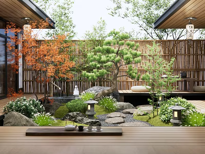 Japanese Courtyard Garden With Orange Maple Pine Trees Bamboo Fence Stone Lanterns And Wooden Deck 3d model