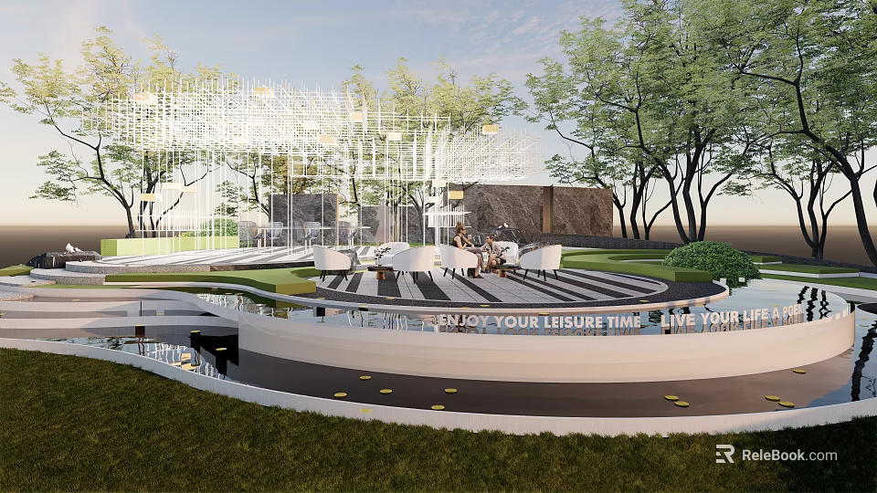 Modern Commercial Street With Lush Greenery Leisure Seating And Scenic Water Features 3d model 