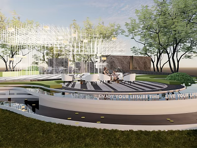 Modern Commercial Street With Lush Greenery Leisure Seating And Scenic Water Features 3d model