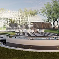 Modern Commercial Street With Lush Greenery Leisure Seating And Scenic Water Features