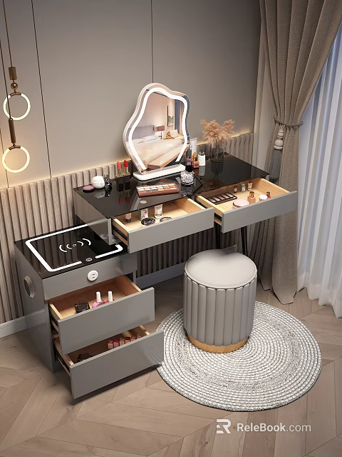 Modern Gray Dressing Table With Black Countertop Mirror Drawers Cosmetics And Stool 3d model 