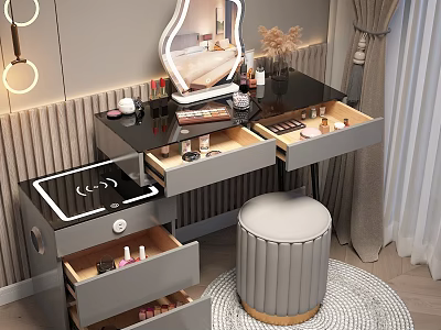 Modern Gray Dressing Table With Black Countertop Mirror Drawers Cosmetics And Stool 3d model