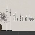 Decorative Ornament Set With Brown Vase Twig Branch Black Candle Holders And White Candles