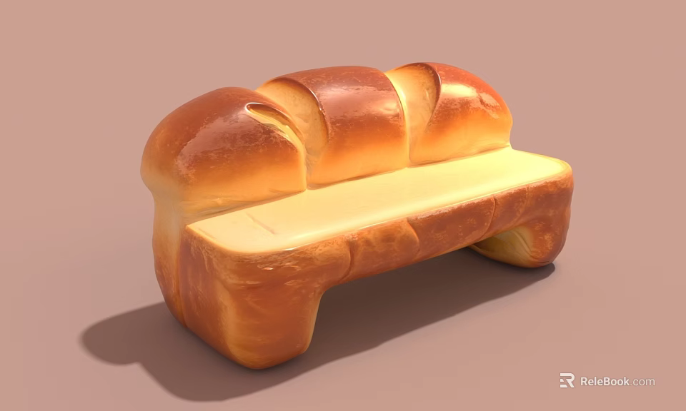Creative Bread Shaped Public Bench With Golden Brown Exterior And Light Colored Seat 3d model 
