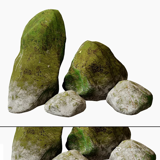 Natural Rockery Stones With Green Moss And Various Sizes For Garden Decoration 3d model 