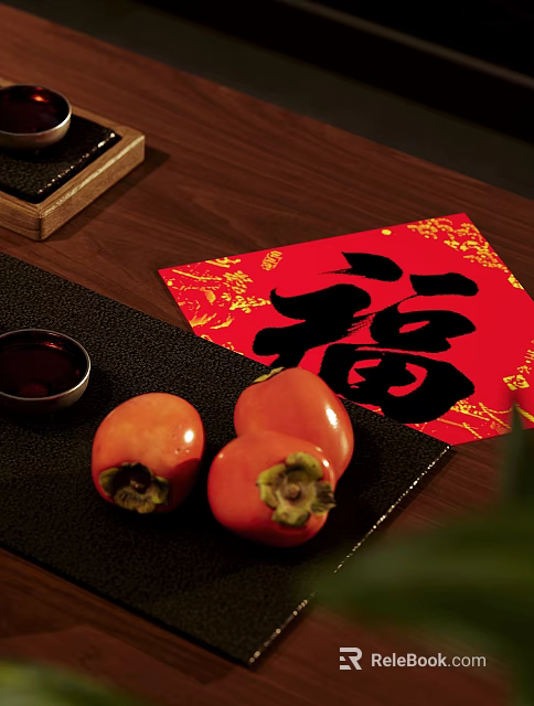 Elegant Tea Set with Red Fu Character Golden Patterns Persimmons on Dark Mat Wooden Tabletop 3d model 