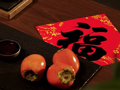 Elegant Tea Set with Red Fu Character Golden Patterns Persimmons on Dark Mat Wooden Tabletop 3d model
