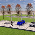 Covered Parking Area With Blue Convertible White Sports Cars Autumn Trees And Person Walking