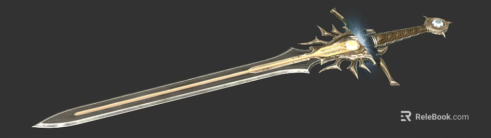 Ornate Gold And Silver Sword With Detailed Hilt Shiny Blade And Decorative Spikes 3d model 