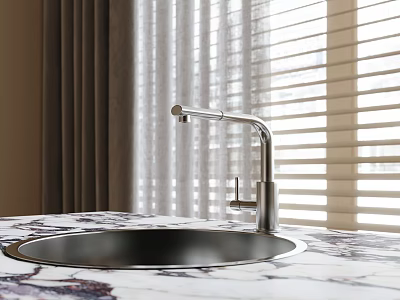 Modern Stainless Steel Faucet Above Sink On Marble Countertop With Window Blinds 3d model