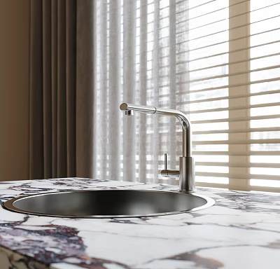 Modern Stainless Steel Faucet Above Sink On Marble Countertop With Window Blinds 3d model