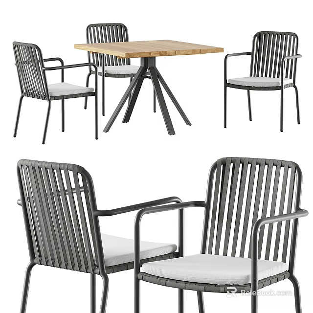 Modern Outdoor Table and Chair Set With Metal Frame Wooden Tabletop and White Cushions 3d model 