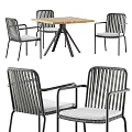 Modern Outdoor Table and Chair Set With Metal Frame Wooden Tabletop and White Cushions