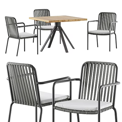 Modern Outdoor Table and Chair Set With Metal Frame Wooden Tabletop and White Cushions 3d model