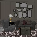 Tufted Sofa and Coffee Table Set with Wall Mirrors Armchair Table Lamp and Patterned Rug 3d model
