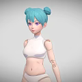 3D Game and Movie Character with Turquoise Bun Hair White Outfit Mechanical Arm and Knee