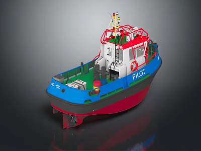 Red and Blue Pilot Boat With Cabin Deck and Marine Navigation Equipment 3d model
