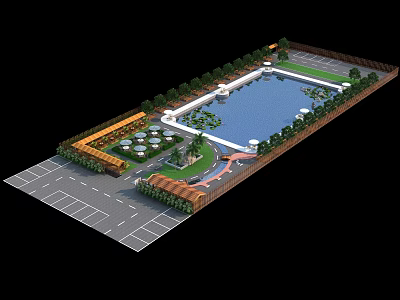 Park Landscape with Large Pond Surrounded by Trees and Parking Lot Area 3d model