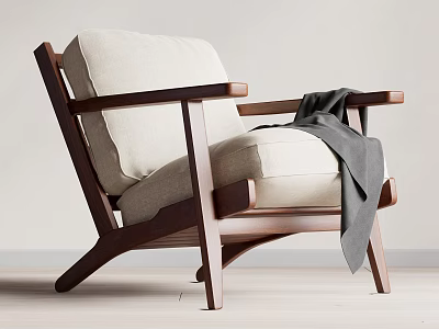 Comfortable Leisure Chair With Walnut Wooden Frame Light Fabric Cushion And Blanket On Armrest 3d model