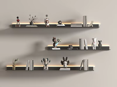 Three Black Wall Shelves With LED Lighting Decorative Items Books Plants Figurines On Light Wall 3d model