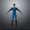 Blue and Black Humanoid Character in Standing Pose with Gray Gradient 3D Render Background
