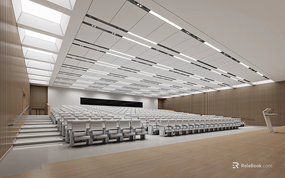 Large Conference Room with Tiered White Seats Wooden Walls Grid Ceiling and Light Wooden Flooring 3d model 