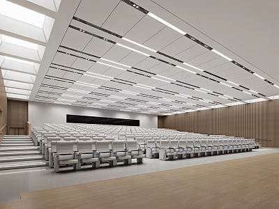Large Conference Room with Tiered White Seats Wooden Walls Grid Ceiling and Light Wooden Flooring 3d model