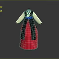 Traditional Korean Hanbok Costume With Red Skirt Black Sashes Blue Trim And Beige Sleeves
