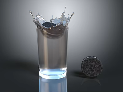 Transparent Glass Cup with Splashing Water Next to an Oreo Cookie 3d model