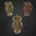 Green Decorative Plants in Colorful Speckled Vases with Handles on Black Background
